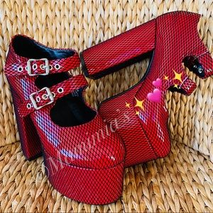 New in box Currentmood x Dolls Kill Fishnet Red Patent Platforms